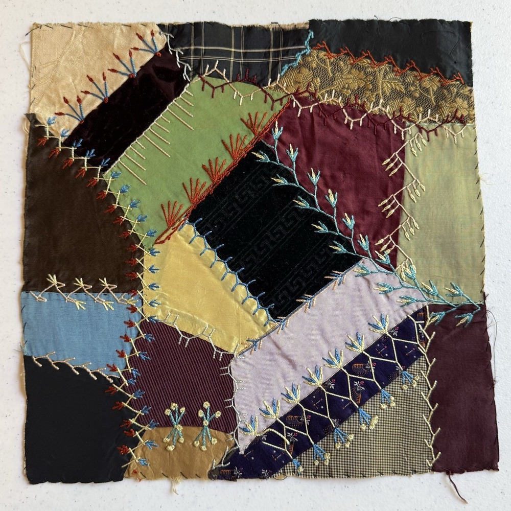 Antique Victorian Crazy Quilt Block Silk Velvet Floral Embroidery Hand Stitched